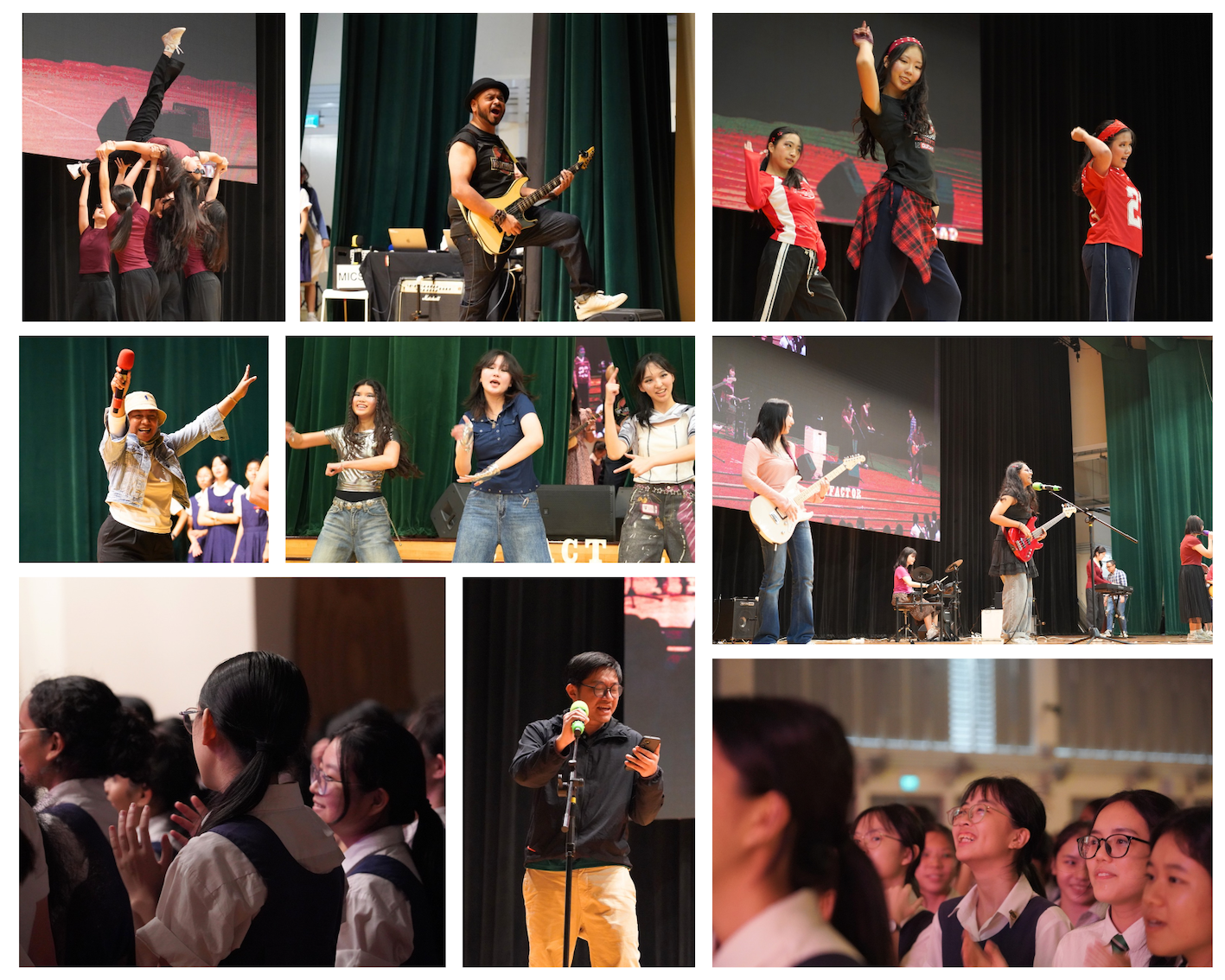 A photo collage of students and teachers performing on stage in terms of dancing, singing, and playing instruments, while students cheer and sing along.